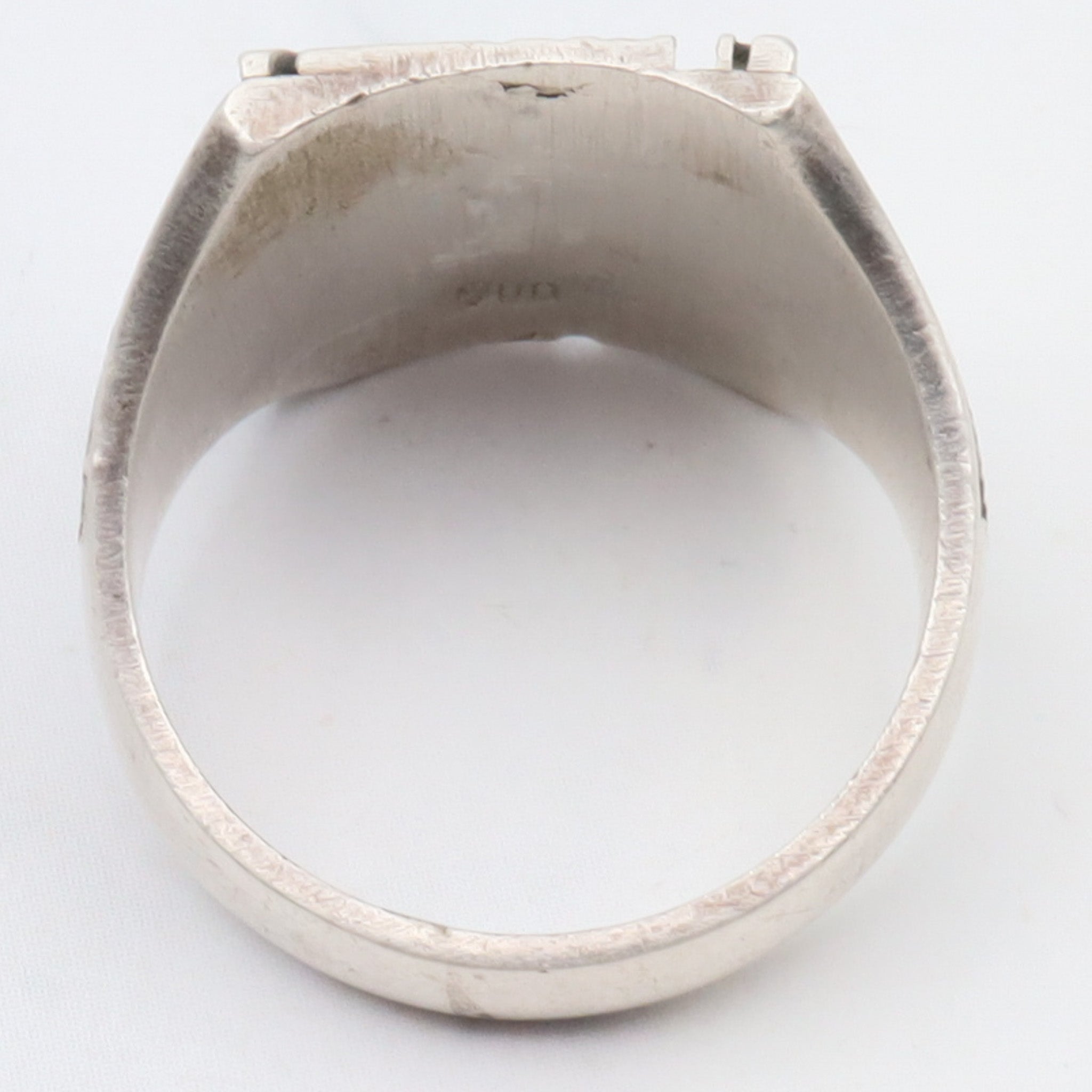 Antique Peruvian .900 silver Incan diety block ring, sz 5.25